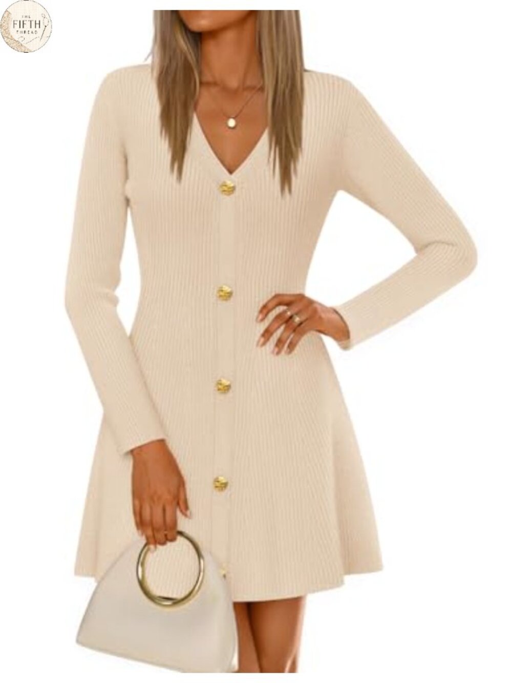 Long Sleeve V Neck Sweater Mini Dress A Line Button Front Pullover